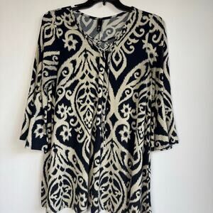 My Story Women’s Black/Cream Blouse Flared Sleeves Tunic Shirt Casual Size 2XL